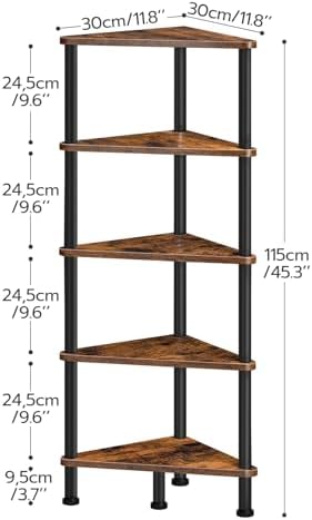 HOOBRO Corner Shelf Stand, Industrial 5-Tier Corner Bookshelf with Metal Frame, Plant Display Shelf, Small Bookcase for Small Spaces, Bedroom, Living Room, Rustic Brown BF33CJ01