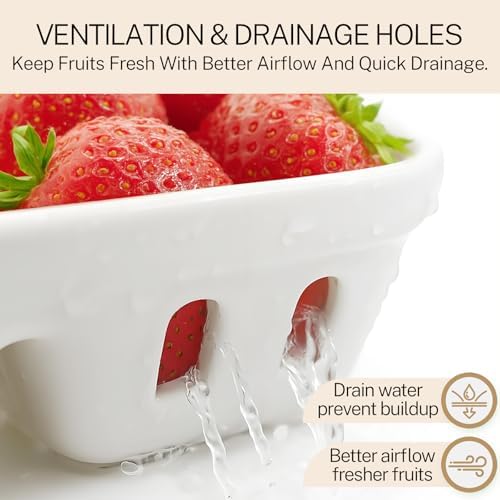Ceramic Berry Basket, 2 in 1 Square Fruit Bowl with Holes, Ceramic Colander for Kitchen, Refrigerator, Counter, Holds Berries, Strawberries, Grapes, Cherries, Vegetables (White)