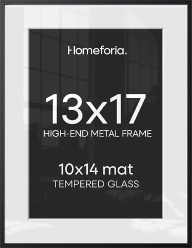 Homeforia 13x17 Black Picture Frame, High-End Metal, 10x14 Mat, Glass