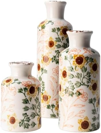 Vintage Ceramic Flower Vase Set of 3, Rustic Farmhouse Vase for Home Decor, Distressed Decorative Vase for Table Entryway Mantel Centerpiece Living Room Bathroom Bedroom (Sunflower Crackle)