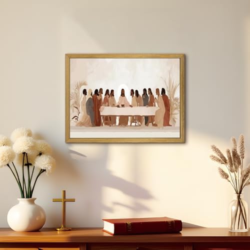Wood Framed Last Supper Wall Art, Christian Wall Decor, Religious Canvas Print Posters, Jesus Pictures Oil Paintings for Living Room Dining Room Church Prayer Room Bedroom 12x16 inch