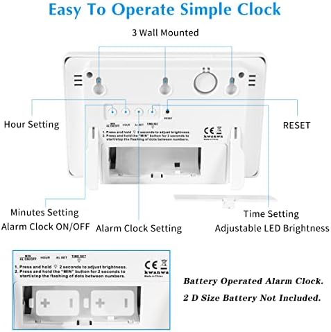 KWANWA Large Digital Alarm Clock, 3" LED Display Battery Operated, Dimmable Auto Night Mode, Easy to Read for Seniors Visually Impaired, Cordless Wall Clock or Table Clock for Bedroom Kitchen Office