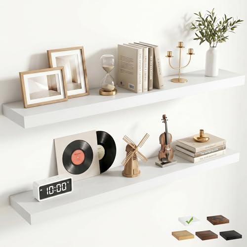 FLYJOE 40 Inch Floating Shelves for Wall Set of 2, 6.5" D Wood Grain Bathroom Shelves with Invisible Brackets, Easy Install Engineered Wood Storage Shelves for Kitchen, Living Room, Bedroom