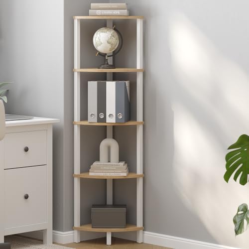 VIMBER Corner Shelf, 5-Tier Corner Bookshelf, Industrial Corner Ladder Shelf, Rustic Display Shelf for Living Room, Bedroom, Kitchen, Home Office, White and Nature Wood Color UJSJ001Q
