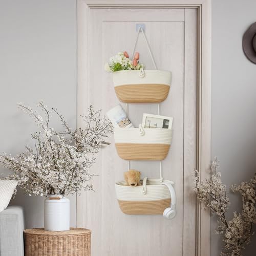 TeoKJ 3-Tier Hanging Baskets for Storage with Pearl Button Strap, Cotton Rope Over the Door Organizer, Wall-Mounted with Hook Decorative Hanging Kitchen Baskets, White & Jute