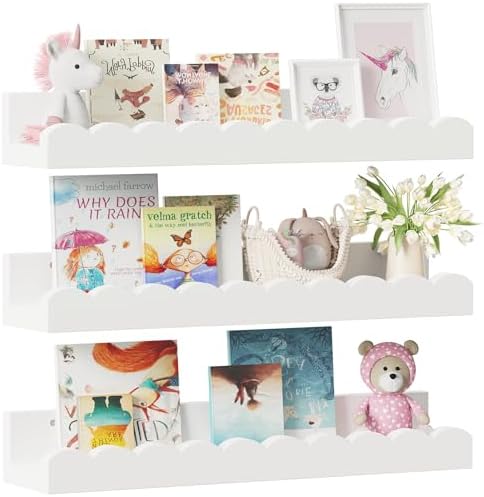 3-Pack Scalloped Shelves, Nursery Shelves, Floating Book Shelves for Wall