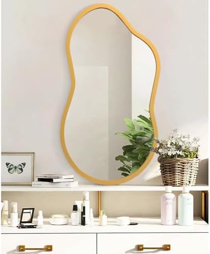 AAZZKANG Large Wall Mirror with Wood Framed 26"x16" Gold Irregular Hanging Mirrors Asymmetrical for Bathroom Bedroom Living Room Entryway
