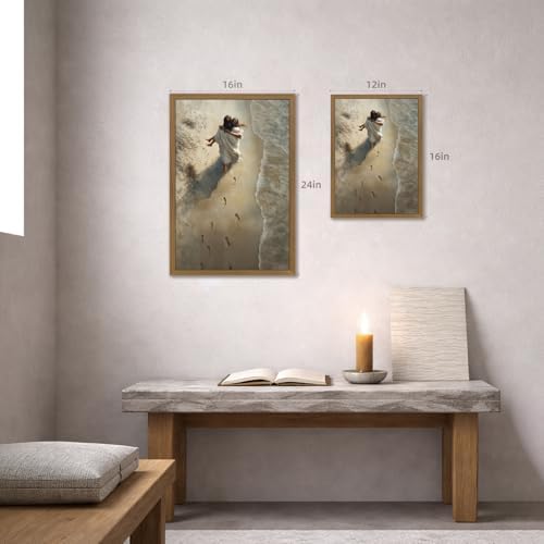 EisEver Jesus Hugging Woman Wall Art, Christian Beach Footprints Wall Decor, Inspirational Religious Faith Artwork, Jesus on Beach Canvas Painting for Church Prayer Room Wood Framed 12x16 Inch