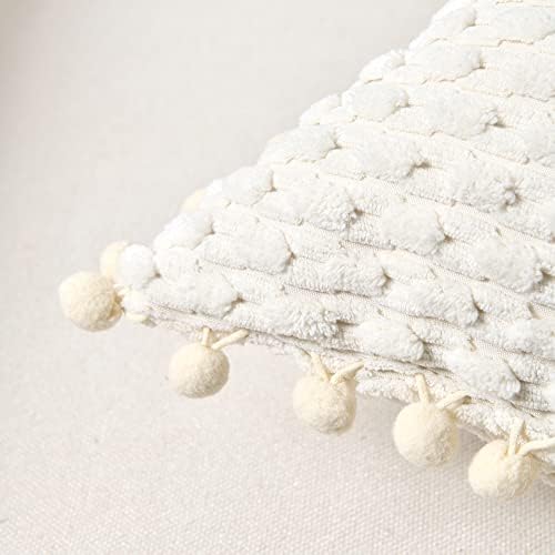 Fancy Homi Set of 2 Cream White Decorative Throw Pillow Covers 20x20 Inch with Pom-poms for Couch Bed Sofa, Modern Farmhouse Boho Home Decor, Soft Plush Corduroy Cute Cushion Case 50x50 cm