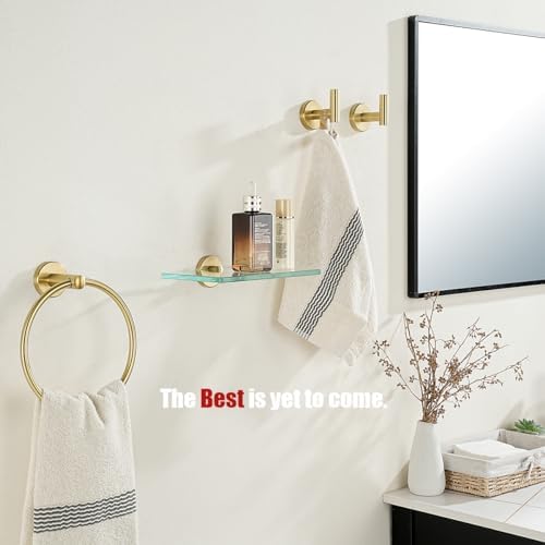 JQK Bathroom Glass Shelf Gold, Tempered Glass Shower Storage 8 by 5 inches, 304 Stainless Steel Brushed Gold Wall Mount, TGS101L8-BG