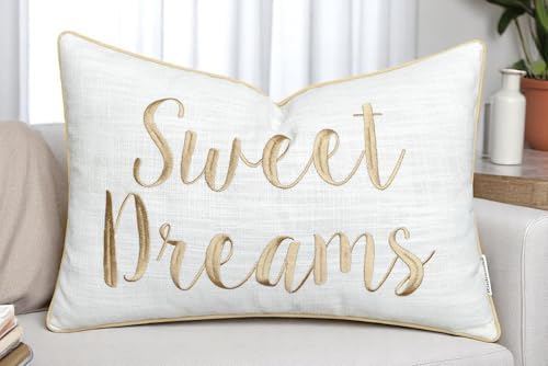 Rudransha Sweet Dreams Ivory Lumbar Pillow Cover 12x18 – Embroidered Script Quote Cotton Cushion Case – Good Night Sleep Bedroom Nursery Decor for Bed Crib Guest Room