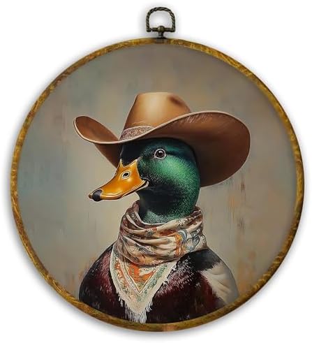 CUANFDDSF Western Cowboy Mallard Duck Round Wall Art, Rustic Farmhouse Funny Animal Framed Hanging Wall Decor, Whimsical Cowboy Country Duck Canvas Prints Decorations for Gallery Bedroom, 10x10 Inch