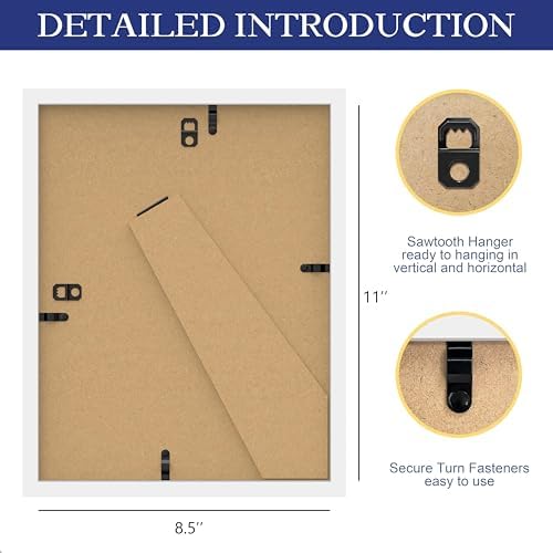 An&He 8.5 x 11 Picture Frame, Wood Photo Frame with HD Tempered Glass for Wall and Tabletop Display, White, 1Pack