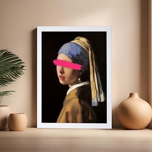 Poster Master Girl with a Pearl Earring Painting Print - Baroque Portrait Poster - Altered & Pop Art - Gift for Men & Women - Decor for Bedroom, Living Room or Office - 16x20 White Framed