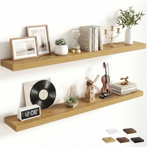 FLYJOE 48 Inch Floating Shelves for Wall Set of 2, 6.5" D Wood Grain Bathroom Shelves with Invisible Brackets, Easy Install Engineered Wood Storage Shelves for Kitchen, Living Room, Bedroom