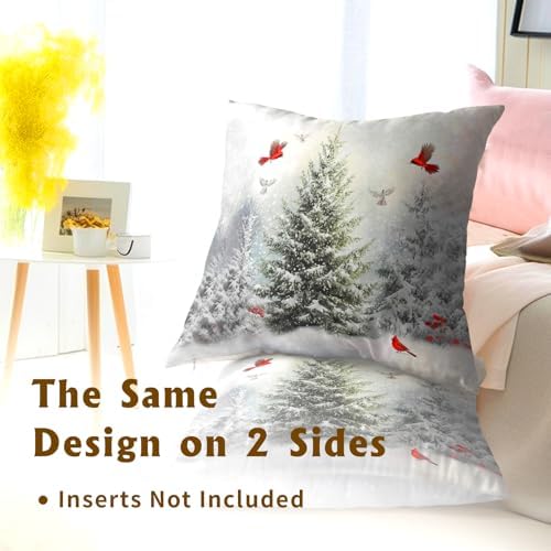 Winter Snowy Pine Tree Throw Pillow Covers 24x24 inch Set of 2 Xmas Red Cardinals Cotton Pillowcase Christma Snow Scene Flying Birds Cushion Cases for Home Sofa