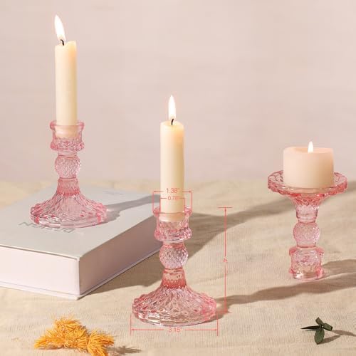 12Pcs Pink Candlestick Holders Set- 4" H Taper Candle Holders Bulk, Glass Candle Holders for Wedding, Party, Romantic Dinner Table Centerpieces, Festival Gifts & Windowsill Decor