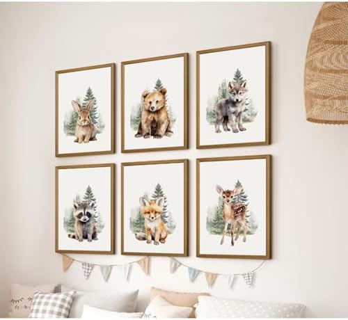 Woodland Animal Nursery Wall Art Decor Set of 6 Baby Boys Room Wall Art Forest Animal Canvas Wall Decor Kids Art Prints Watercolor Bear Deer Fox Pictures Artwork for Bedroom 12x16 Inch Wood Framed