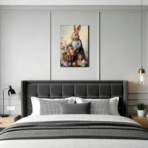 Vintage Easter Rabbit Eggs Canvas Art 16x24, Colorful Cozy Spring Bunny Pictures Wall Art, Perfect for Easter Bathroom Bedroom, Living Room Holiday Wall Decorations