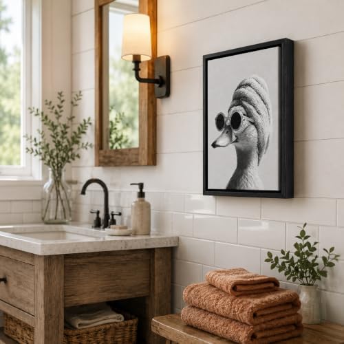 Framed Funny Bathroom Wall Art, Duck in Towel Canvas Print, Minimalist Black and White Humor Bathroom Animal Decor for Restroom Toilet 12x16in