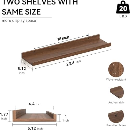 Boswillon Floating Shelves Set of 2, Long Wall Shelf with Lip, 24in, Walnut