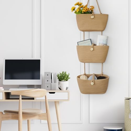 TeoKJ Over the Door Hanging Baskets with Wooden Button, 3-Tier Woven Cotton Storage Organizer Bag, Wall-Mounted with Hook Decorative Hanging Nursery Baskets, Jute