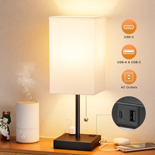 Bedside Lamp for Bedroom - 3 Color Temperatures, USB A+C, 2 AC Outlets