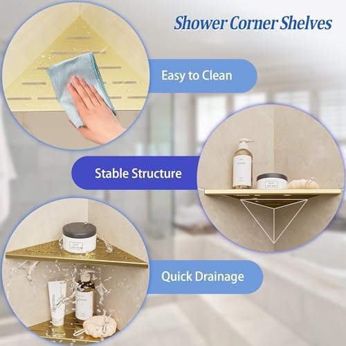 Neodrain 10 Inch Golden Corner Wall Shelf for Tile Wall Insert, Set of 2
