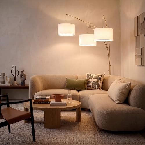 Brightech Trilage Arc Floor Lamp - Large Standing Lamp with 3 Fabric Shades & LED Bulbs for Living Room Over the Sofa, Reading, Multi-Head Traditional Tree Floor Lamp for Bedroom - Brass