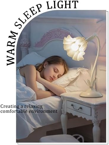 Flower Table Lamp,LED Reading Light Bedside Vintage Night Light(White)