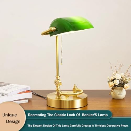 Table lamp Emerald Green Glass Reading Light Wooden Base 1920's Classic Banker lamp Green Pull Switch LED Desk lamp Adjustable 360 Degree lampshade Office/Bedroom/Study E27 (Model_J)