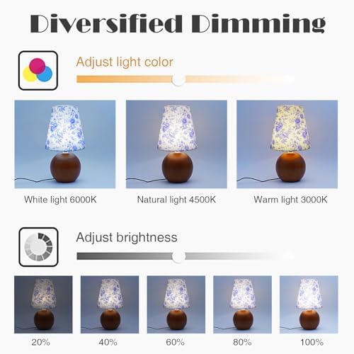 Vintage Wooden Night Lamp, Wood Base Fabric Lampshade, Adjustable Light Color and Brightness with Power-Off Memory, Safe USB Powered, Retro LED Table Light for Bedroom Living Room Office (BlueFlowers)