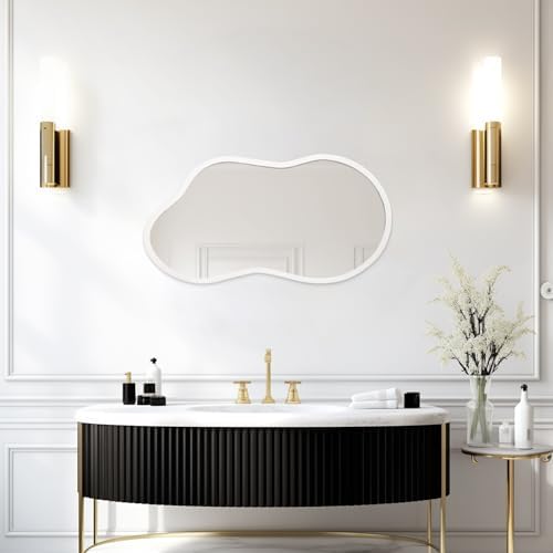 AAZZKANG Small Wall Mirror with Irregular Wood Framed Decorative White Hanging Mirrors for Bedroom Dressing Room Living Room Bathroom Entryway