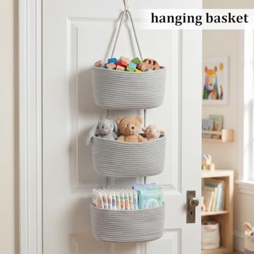 TeoKJ Over the Door Hanging Basket, 3-Tier Woven Cotton Wall-Mounted Storage Organizer Bag Decorative Hanging Nursery Baskets, Gray