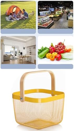 AJIODA Metal Mesh Steel Basket, Storage Organizer Basket Multi-functional Hanging Kitchen Baskets Fruit Baskets with Wooden Handle for Kitchen Bathroom Picnic Shopping Decor Cabinet Home, Yellow
