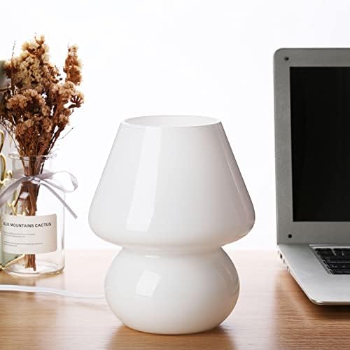 BSOD Mushroom lamp,Glass Mushroom Bedside Table Lamp Translucent Murano Vintage Style Striped Small Nightstand Desklamp Swirl Light for Home Decor, Dining, Living, Bedroom, Gift (Matte White)