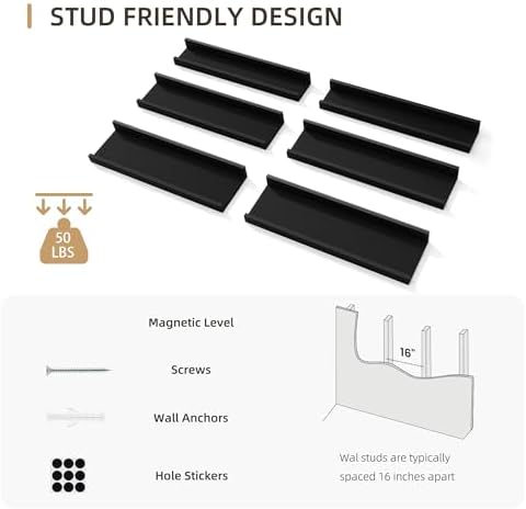Acovy Floating Shelves Set of 6, 24 Inch Wall Mounted Picture Ledge Shelf with Lip, Black Display Shelves for Living Room, Bedroom, Nursery, Bathroom & Kitchen