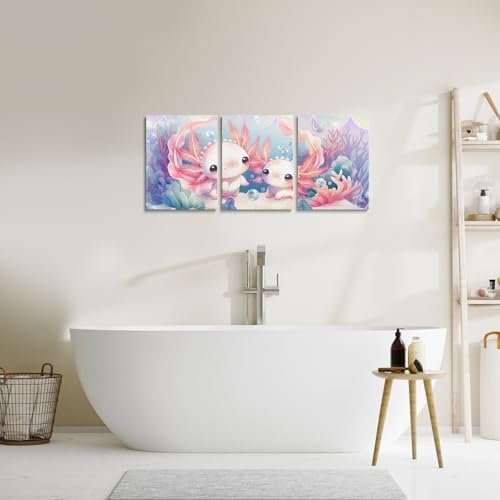 Feelyou Kids Cute Axolotl Picture Wall Decor Purple Mermaid Scale Canvas Wall Art for Living Room Bedroom Cartoon Ocean Animal Wall Painting Posters Prints Boys Girls Salamander Bathroom Wall Art 3Pcs