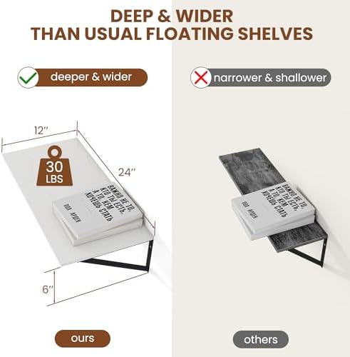 Heimlove 24W x 12D Deep Floating Shelves Set of 2 White