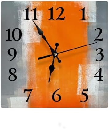 LOKMU Silent Non Ticking Clock 12 Inch, Square Wall Clock,Decorative for Living Room, Kitchen, Home,Bathroom, Bedroom, Office or School Grey and Orange Abstract Art Painting