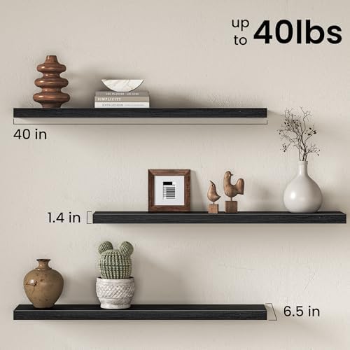 40 Inch Floating Shelves for Wall, Rustic Wood Wall Mounted Deep Storage Shelves with Invisible Brackets, Long Decorative Display Ledge for Living Room Bedroom Bathroom and Kitchen, Set of 2, Black