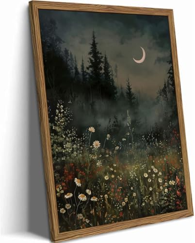 Vintage Moonlit Forest Wall Art Crescent Moon Forest Wildflower Gothic Canvas Prints Landscape Aesthetic Pictures Wall Decor for Living Room Bedroom Offices 16x24 inch Framed