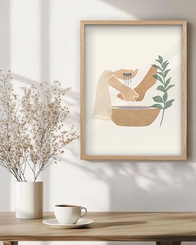 KensTro 12x16 Oak Framed Jesus Washing Feet Boho Christian Wall Art | Natural Oak Wood Frame with Minimalist Foot-Washing Scene, Neutral Faith Decor for Living Room, Bedroom or Prayer Space