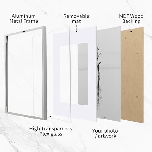 Fun Memories 8x8 Aluminum Picture Frame, Premium Square Photo Frames with Mat for 4x4 or Without Mat for 8 x 8, Simple and Elegant Decor for Wall Mounting, Silver, 1 Pack