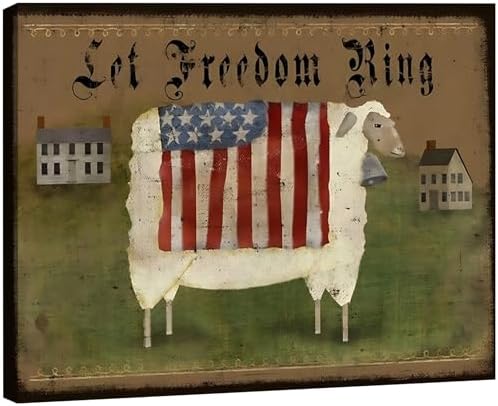 RIBNTAK Americana Farmhouse Canvas Wall Art, Rustic God Bless America Sheep Pictures with USA Flag Artwork Patriotic Country Decor for Living Room Entryway Bedroom