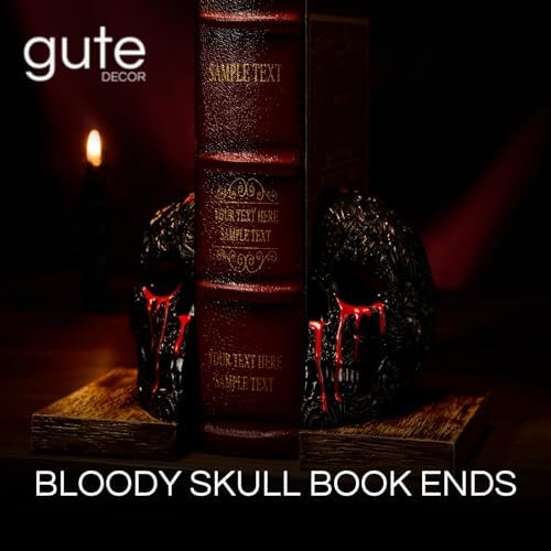 Skull Book Ends Gothic, Lifesize Human, Heavy-Duty Bookends, Skeleton Decorations, Bookends for Shelves, Heavy Books, Black Skull Design Bookend 7x5.1x6.3, Spooky Decor, Holiday - Bloody Black & Red