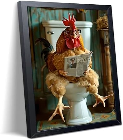 Funny Chicken Bathroom Wall Art, Framed Canvas Print, Rooster Sitting on Toilet Reading Newspaper with Glasses, Humorous Farm Animal Art Oil Painting for Bathroom Decor Restroom Home Decoration 12x16 Inch