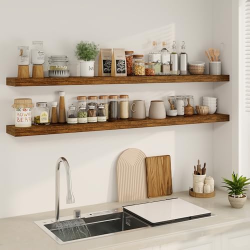 Fun Memories 66 Inch Fireplace Mantel - Long Floating Shelf, Wall Mounted Farmhouse Display with Invisible Heavy Duty Metal Bracket, Brown, 2 Pack