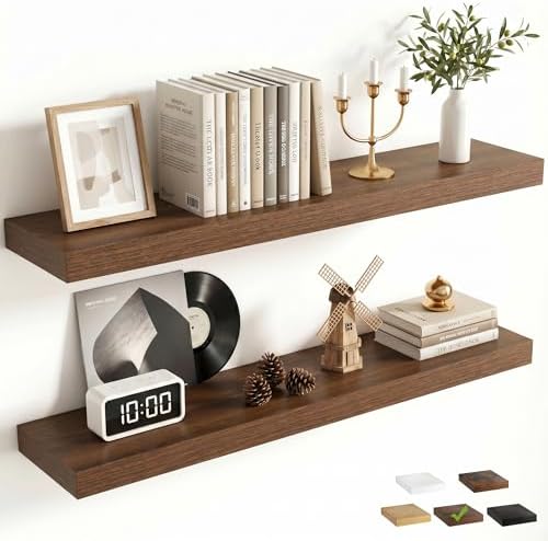 FLYJOE 32 Inch Floating Shelves for Wall Set of 2, 6.5" D Wood Grain Bathroom Shelves with Invisible Brackets, Easy Install Engineered Wood Storage Shelves for Kitchen, Living Room, Bedroom