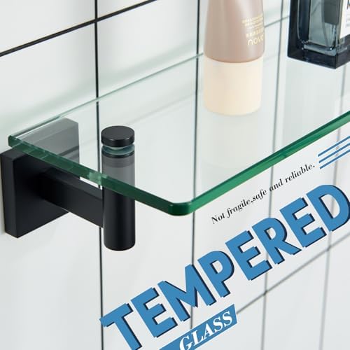KOKOSIRI Bathroom Shelves Glass Floating Shelf 20-Inch for Bedroom, Living Room, Kitchen, Storage Hanging Rack Rustproof Wall Mounted Black B1105BK-L20